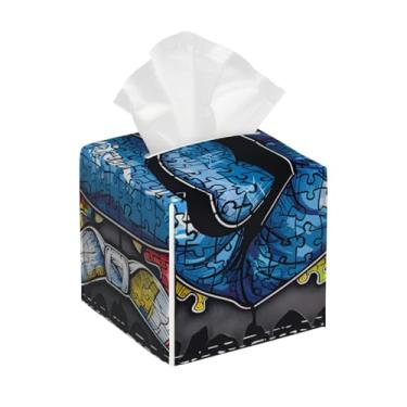 Imagem de Capa quadrada de couro para caixa de lenços à prova d'água, lábios, azul abstrato, organizador de papel facial com cinto inferior, estojo de lenços para mesa, banheiro, escritório, mesa, carro