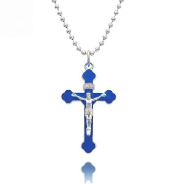 Imagem de Bittrend Jewels Colar de crucifixo prateado masculino feminino com pingente de cruz esmaltada com corrente, Medium, Metal, Sem Pedra Preciosa