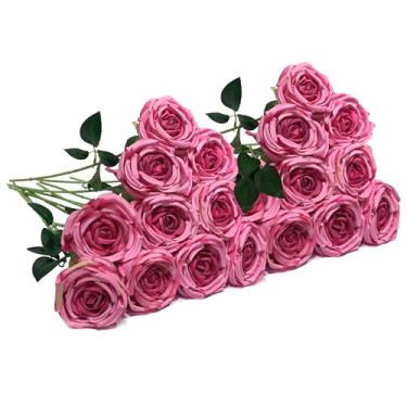 Imagem de SxingUxing 18 peças de flores artificiais com haste longa e botão grande de rosas realistas de seda buquê de rosas para decoração de mesa de festa de casamento em casa (rosa choque)