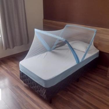 Imagem de Mosquiteiro Tenda Retrátil Acoplável ao Colchão – Estrutura Resistente, Portátil e Dobrável para Cama Solteiro e Casal(Azul solteiro 78~88x188)