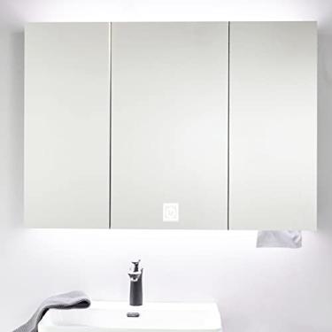 Imagem de SPXMQSS Armários de banheiro com luzes, armário de armazenamento de espelho de banheiro com prateleiras de espelho, armários de banheiro com espelho, 3 portas, unidades de armazenamento montadas na