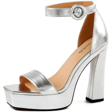 Imagem de Eusibb Salto alto feminino, bico quadrado, plataforma de sola grossa, tira de tornozelo de raiz quadrada moderna, sandálias de salto grosso, vestido sexy, sapatos de festa, Prata - 1, 36
