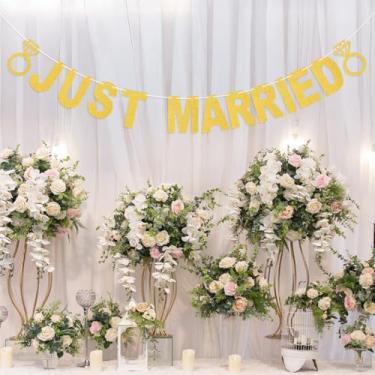 Imagem de Banner Just Married, placa "faça você mesmo", faixa de casamento com glitter dourado para cerimônia de recepção de casamento, decoração de festa e carro