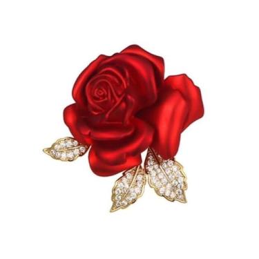 Imagem de Just Follow Broche de flor rosa vermelha com strass brilhante broche floral para mulheres blazer vintage vestido chapéu cachecol acessório, Large, Metal, Sem Pedra Preciosa