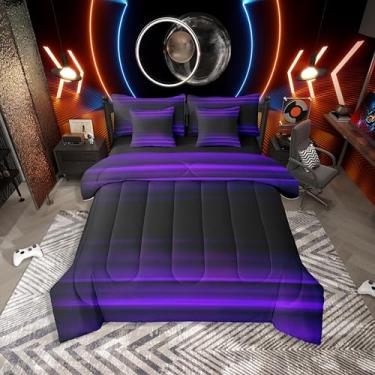 Imagem de Erosebridal Conjunto de cama de 7 peças, solteiro, ombré, com lençóis, listras, abstratas, arte 3D, preto, azul, roxo, conjunto de cama