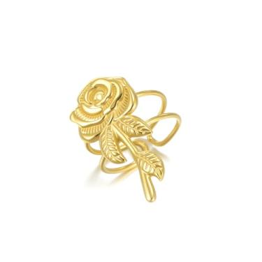 Imagem de Cykdohy Anel de aço inoxidável com folha de flor rosa para mulheres e homens, anel ajustável empilhamento floral buquê anéis de dedo declaração de compromisso, aniversário, casamento, noivado, joias