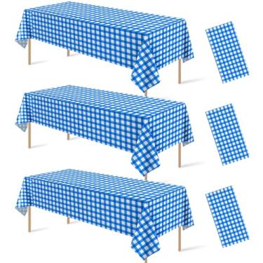 Imagem de 3 peças de toalha de mesa xadrez azul e branca, toalha de mesa xadrez azul de plástico descartável, capa de mesa xadrez búfalo para chá de bebê, casamento, festa de aniversário, 137 x 272 cm