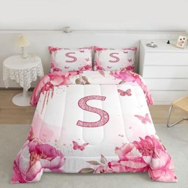 Imagem de jejeloiu Conjunto de edredom solteiro com borboletas lindas para meninas, adolescentes, letra P, monograma, decoração de quarto, flor, 2 peças com 1 fronha