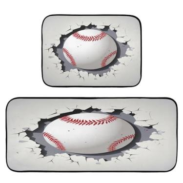 Imagem de Wassud Tapetes de cozinha de beisebol brancos para decoração de casa tapetes de cozinha acolchoados antifadiga tapetes de cozinha antiderrapante lavável essencial de cozinha conjunto de 2