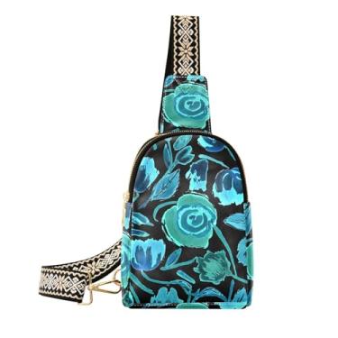 Imagem de CEBUGI Bolsa tiracolo de couro azul petróleo, pequena, com flores azuis azul-petróleo, pochete para trilhas, viagens ao ar livre