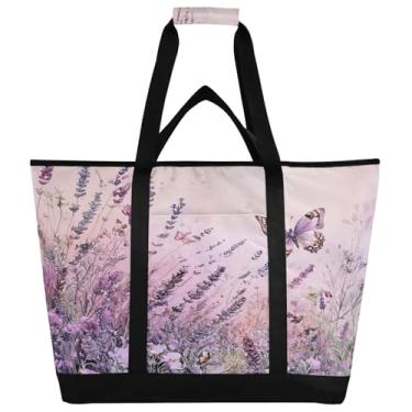 Imagem de STAYTOP Linda bolsa térmica grande com borboleta e lavanda, sacolas dobráveis reutilizáveis para cozinha, lancheira, portátil, à prova de vazamento, para compras, comida, viagem, praia, acampamento