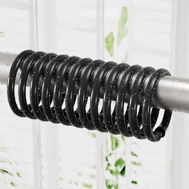 Imagem de Pacote com 12 anéis de cortina de chuveiro, ganchos de plástico fáceis de encaixar para banheiro, cabides de haste de chuveiro pretos com design de deslizamento suave