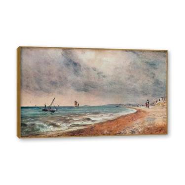 Imagem de Moldura de teca. Arte em tela romantismo estilo constável, (praias com barcos de pesca), pintura de paisagem inglesa emoldurada, decoração de parede elegante para sala de estar escritório. 70 x 112 cm
