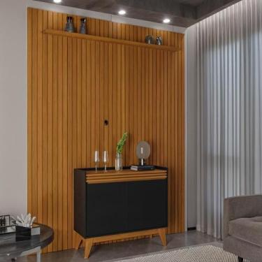Imagem de Painel Ripado 184cm com Buffet Ripado 2 Portas 92cm - Via Nossa, Preto