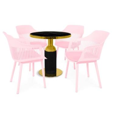 Imagem de Conjunto Mesa de Jantar Redonda Imperial 70cm Preta com 4 Cadeiras Estofadas Marcela - Rosa