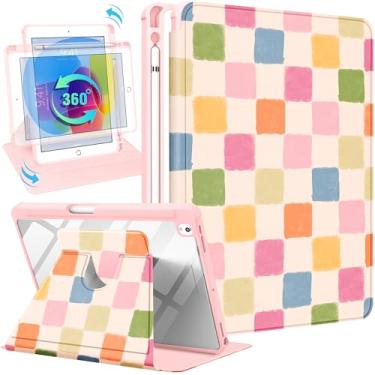 Imagem de Uppuppy Capa para iPad 9ª/8ª/7ª geração para iPad Air 3ª/Pro 10,5 polegadas – Capa inteligente com suporte giratório 360 com suporte para lápis para mulheres, xadrez colorido para Apple Tablet 7/8/9