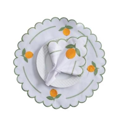 Imagem de Kit 24 Pçs Branco 12 Lugares Mesa Posta Sousplat Jogo Americano Bordado Limão Siciliano
