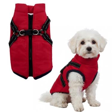 Imagem de Casaco de inverno para cães pequenos com arreio jaqueta de inverno refletiva para clima frio colete quente para animais de estimação impermeável (vermelho, pequeno)