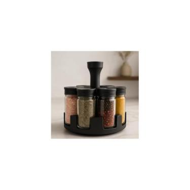 Imagem de Porta Condimentos Giratório com 6 Potes, Plástico e Vidro, Preto, 80ml, 18x10cm, Organizador de Temperos