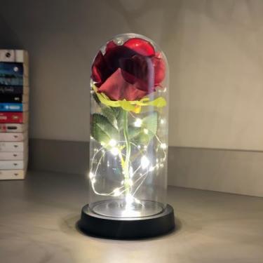 Imagem de Rosa Encantada com Luz de LED Rosa Eterna Luminária Cúpula Presente Romântico Namorado Bela e a Fera(21cm)