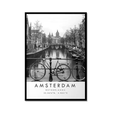 Imagem de Pôster de viagem preto e branco impressão paisagem da cidade do mundo pintura em tela Amsterdã imagem de arte de parede decoração de casa (16 x 24 polegadas (40 x 60 cm), moldura de metal)