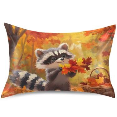 Imagem de Linda capa de almofada de cetim de outono floresta de guaxinim King Queen padrão capa de almofada de resfriamento com estampa de animal capa de almofada macia para cama, tamanho king, 101,6 cm x 50,8