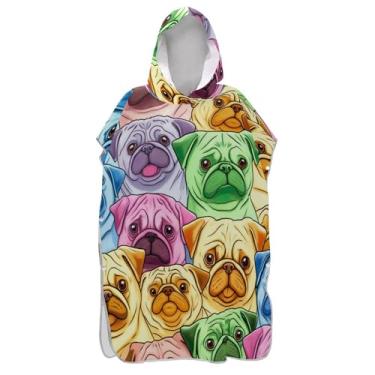 Imagem de TSENQUE Pugs coloridos de desenho animado poncho de surfe trocador para Adul Plus Size Ponchos de praia para homens toalha com capuz floral