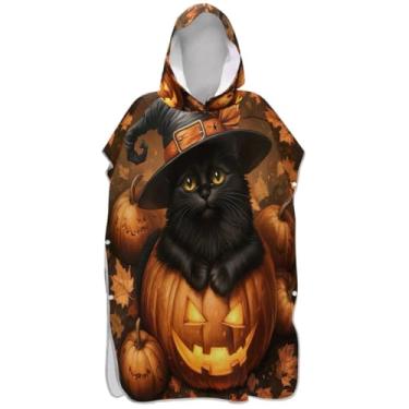 Imagem de Joisal Poncho de surf de secagem rápida para adultos trocador de roupa de praia com capuz toalha de banho outono abóbora gato preto ponchos adultos para mulheres