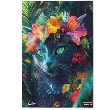 Imagem de Quebra-cabeça místico gato preto flores tropicais adultos 1000 peças quebra-cabeça família amantes presentes legal grande quebra-cabeça animal arte colorida, 1000 peças, 75 x 50 cm