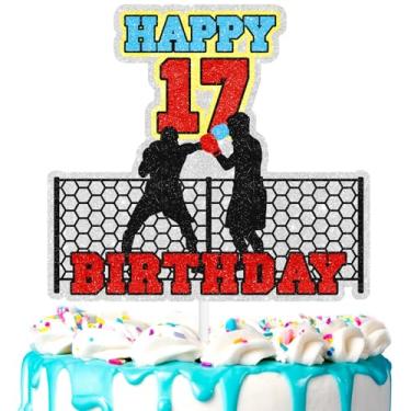 Imagem de Topper de bolo de boxe 17º tema de boxe decoração de luta feliz aniversário, festa esportiva de fitness, festa de aniversário de meninos e meninas, suprimentos de decoração de saco de pancadas de luta