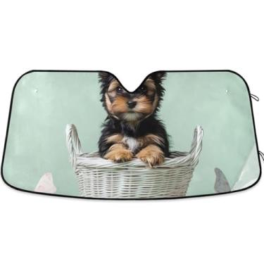 Imagem de Guarda-sol personalizado para cachorro Yorkshire Terrier filhote de cachorro para para-brisa de carro engraçado retrátil dobrável sombra de carro para para-brisa dianteiro impressão animal M, 139.7 cm