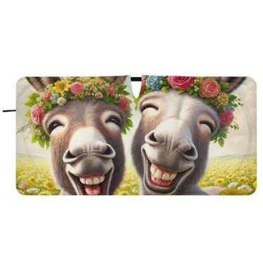 Imagem de Guarda-sóis de carro com impressão engraçada de burro fofo personalizado para para-brisa persianas dobráveis de carros para janelas frontais floral automotivo, 76 cm x 149 cm