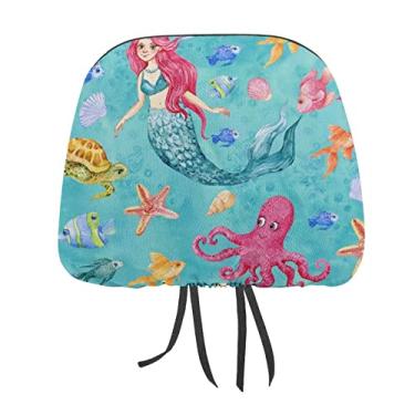 Imagem de Peixes de sereia marinha sem costura polvo rosa tartaruga marinha 2 peças capas protetoras de encosto de cabeça para assento de carro universal, capa macia para encosto de cabeça de carro, acessórios