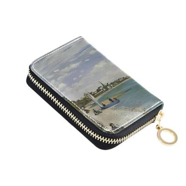 Imagem de Carteira feminina de couro com porta-cartões com bloqueio de RFID, zíper ao redor do zíper, porta-moedas com chaveiro, pintura regata Claude Monet