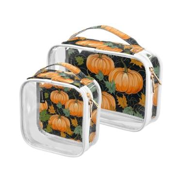 Imagem de Folhas de outono remendos de abóbora sacos de viagem de plástico transparente com zíper, bolsa de cosméticos para carro, bolsa para meninas, pacote com 2, Abóbora com folhas e videiras-1, one size