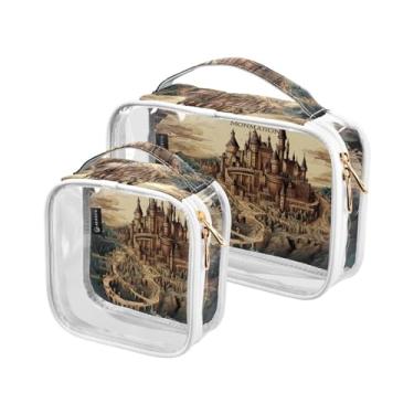 Imagem de GAIGEO Conjunto de 2 sacos de higiene pessoal transparentes coloridos para maquiagem de plástico com zíper para viagem, Mapa da Torre e Palácio-3, one size