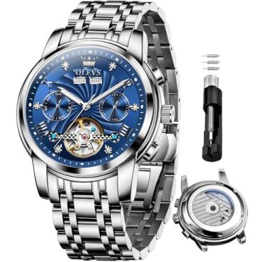 Imagem de OLEVS Relógios automáticos masculinos para negócios, relógio mecânico, aço inoxidável, impermeável, corda automática, clássico, diamante, esqueleto, relógio de pulso masculino, 7088 - azul prateado