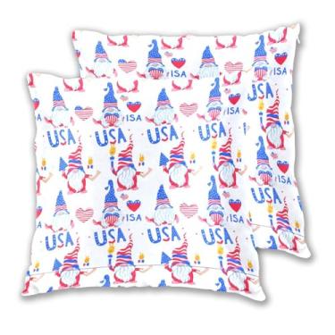 Imagem de Joitme Conjunto de 2 capas de almofadas brancas com bandeira americana de gnomo fofo, decoração de sofá-cama, 40,6 x 40,6 cm, 2 peças