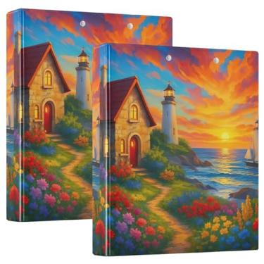 Imagem de Fichários personalizados de flores de farol de casa costeira de 3 cm, 3 anéis, 200 folhas, pastas, anel redondo, fichário de escritório, 31,5 x 27 x 6 cm, 1 pacote