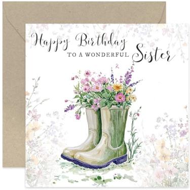 Imagem de Maravilhosos cartões de aniversário para irmã - cartões de aniversário temáticos de jardinagem para ela - galochas verdes com design de flores - presentes de aniversário florais sinceros para mulheres