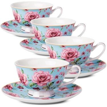 Imagem de BTaT- Conjunto de 6 xícaras de chá e pires, xícaras de porcelana florais (227 g) para festa de chá, rosa, presente de Dia das Mães