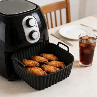 Imagem de Cesta de silicone para fritadeira de ar quadrada de 17 cm - assadeira antiaderente resistente ao calor com alças, forma de bolo reutilizável e segura para lava-louças para fritadeira a ar, forno