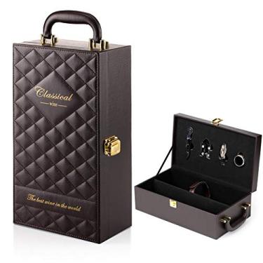 Imagem de HiCrast Caixa de vinho, alça superior de couro sintético com 2 garrafas com 4 acessórios de vinho, caixa de presente de vinho de viagem, estojo de transporte de vinho premium feito à mão