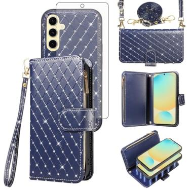 Imagem de Capa carteira compatível com Samsung Galaxy S24 FE 5G com zíper e protetor de tela de vidro temperado alça transversal flip flip porta-cartões capa de telefone para S 24 EF AI S24FE 24S feminino azul
