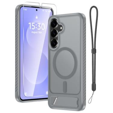 Imagem de RMOCR Capa para Samsung Galaxy S26+ Plus com protetor de tela + alça de pulso, capa magnética translúcida fosca robusta fina embutida com suporte invisível [apto para MagSafe], cinza 2026