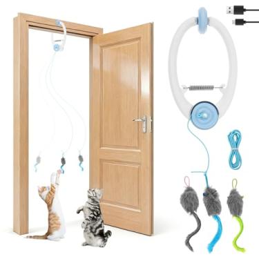 Imagem de Mouse de porta de brinquedo para pendurar, 3 modos, brinquedo retrátil interativo para pendurar na porta com 3 ratos de erva-dos-gatos, brinquedos interativos recarregáveis para exercícios com gatos