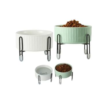 Imagem de TAMAYKIM Tigela de cerâmica para cães e gatos de 947 ml com suporte separado de metal elevado, 3 tigelas de porcelana com altura ajustável, 4 xícaras, conjunto antiderrapante para gatos grandes, cães