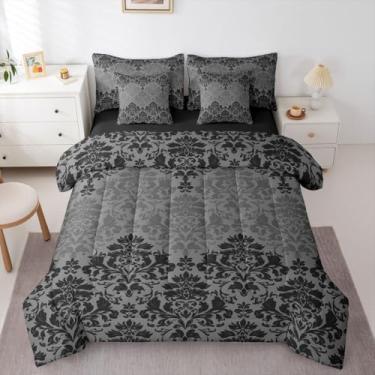 Imagem de Feelyou Conjunto de edredom queen damasco gótico preto e cinza com lençol para crianças, meninos, meninas, barroco vitoriano, antigo, 7 peças, decoração de quarto macio