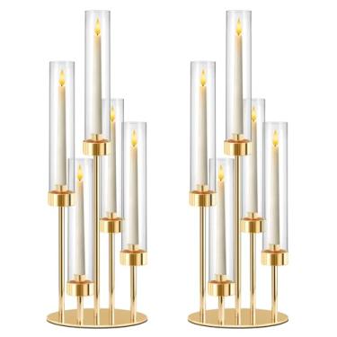 Imagem de KEHAIL Peça central de candelabro de mesa de metal preto de 5 braços, suporte de castiçais transparentes de 56 cm de altura com sombra para centro de mesa de festa de eventos do dia dos namorados