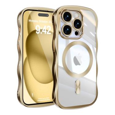 Imagem de UEEBAI Capa para iPhone 13 Pro, linda capa de celular magnética com moldura ondulada compatível com Magsafe, capa de celular galvanizada macia para mulheres e meninas - dourada